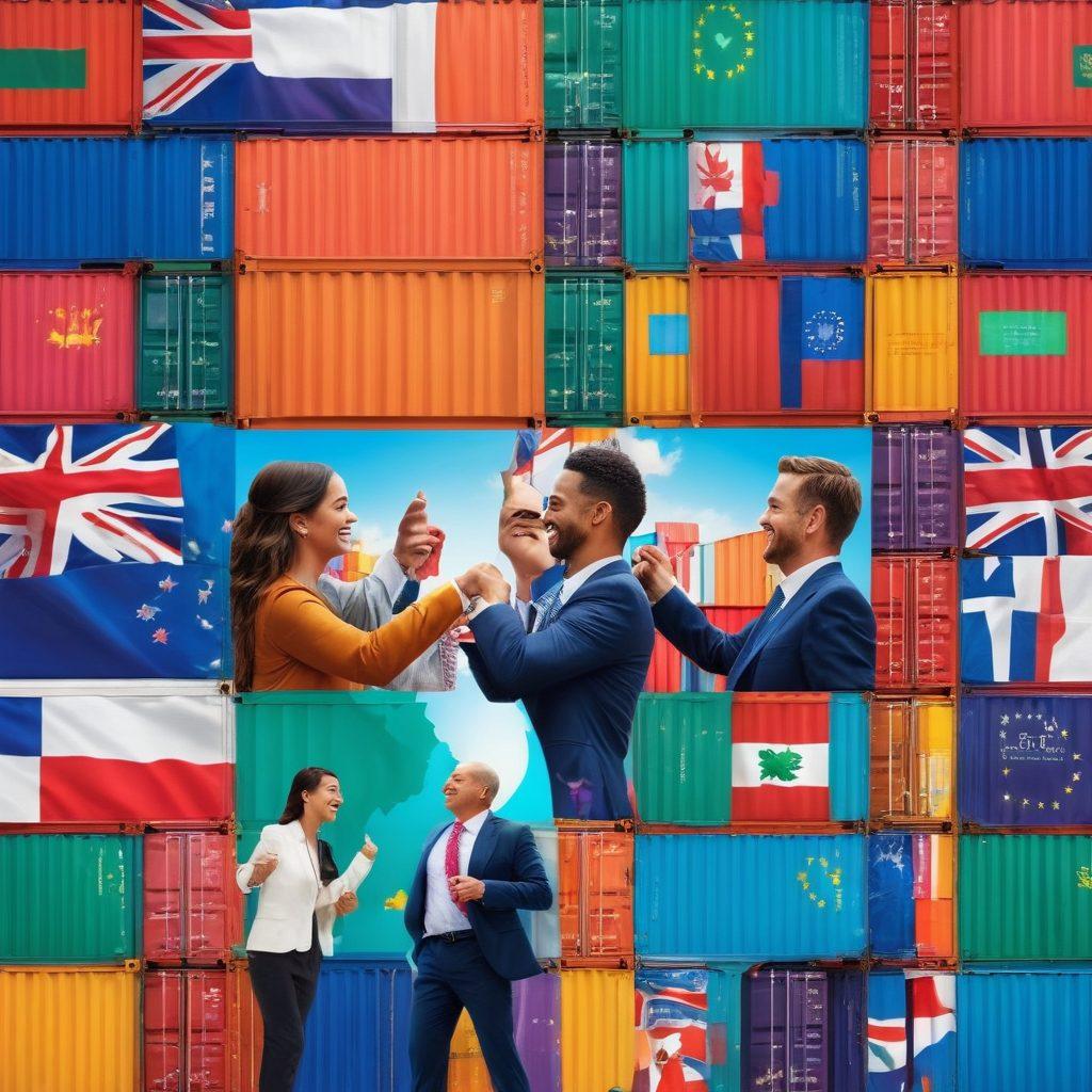 A vibrant collage depicting diverse international trade scenes, featuring joyful businessmen and women shaking hands, colorful shipping containers, globes, and logistics networks intertwined with flags from various countries. The background should radiate positivity with bursts of light symbolizing success and growth. super-realistic. vibrant colors. 3D.