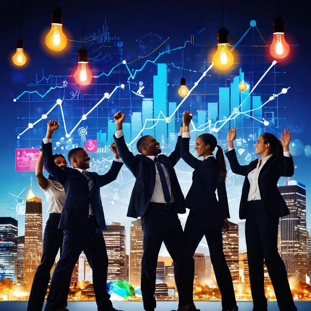 A dynamic business scene depicting a diverse group of professionals collaborating enthusiastically, surrounded by symbols of successful trade practices like rising graphs and glowing lightbulbs. Include elements representing satisfaction and ecstasy, such as smiling faces, high-fives, and overflowing success charts. The background features a vibrant city skyline symbolizing growth and opportunity. Capture the energy and excitement of transformation in business. super-realistic. vibrant colors. 3D.