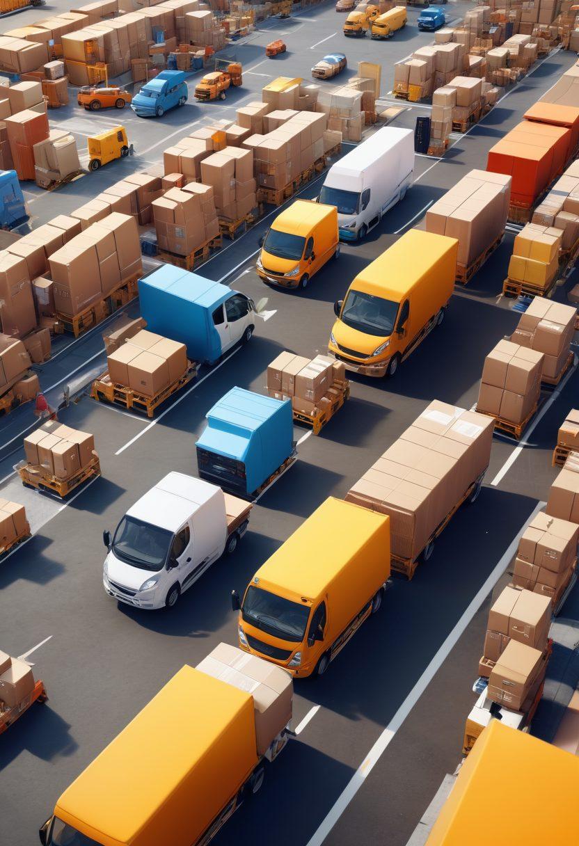 A bustling logistics hub with smiling employees efficiently managing packages, diverse customers eagerly receiving their orders, and advanced technology in action. The scene should convey energy and satisfaction, showcasing global connections with maps and transport vehicles visible. Bright colors and dynamic elements should emphasize excellence in service. super-realistic. vibrant colors. 3D.